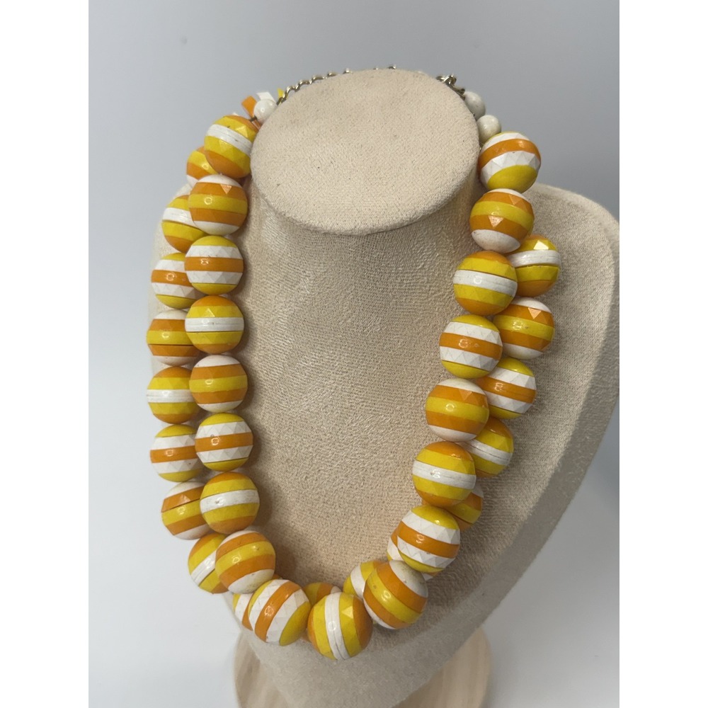Vintage Candy Corn Striped Bead Necklace Double Strand Yellow Orange White
